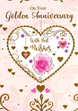 Load image into Gallery viewer, Golden - Anniversary - Hearts - Rose - Greeting Card
