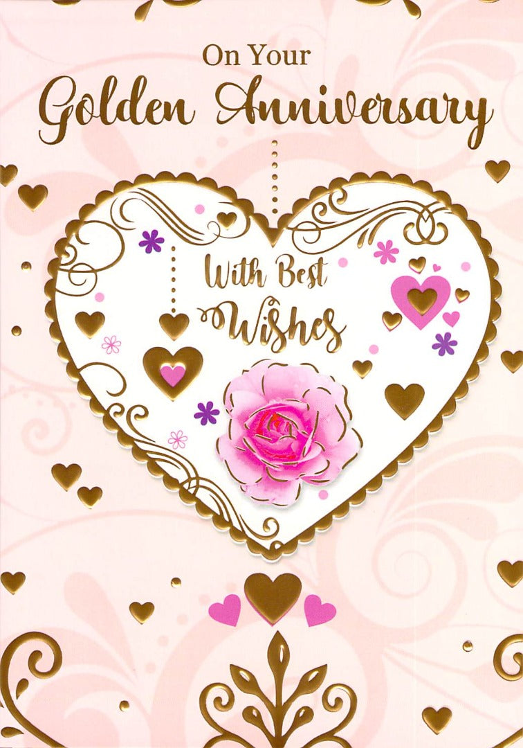 Golden - Anniversary - Hearts - Rose - Greeting Card