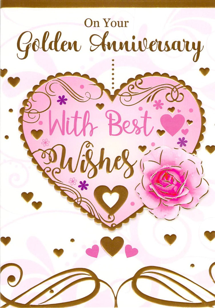 Golden - Anniversary - Hearts - Rose - Greeting Card