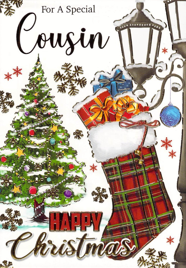 Cousin - Birthday - Tree / Stocking Presents - Greeting Card